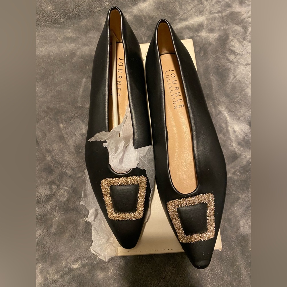 Journee Collection Black Pointed Flats with Sparkling Gold Buckle Accent